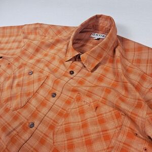 Orvis‎ Men's Fishing Shirt Sz L Orange Plaid Polyester Short Sleeve